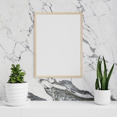 Picture frame on the marble wall in the living room, decorated with plant pots on the TV cabinet.3d rendering.
