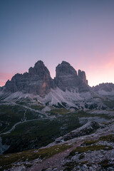 Tre Cime di Laveredo, three spectacular mountain peaks in Tre Cime di Lavaredo National Park, Sesto Dolomites, South Tyrol, Italy
