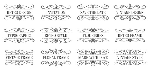 Vintage divider text frame set. Retro black line border. Abstract vignette graphic element. Ornate floral elegant pattern design template for wedding invitation, greeting card, label, restaurant menu