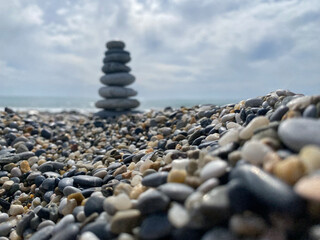 Pyramid of stones on the seashore