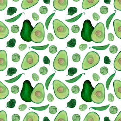 Gouache hand-drawn green Pattern with Avocado, Peas, Brussels sprouts on a white background. Seamless print. 