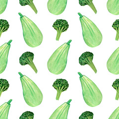 Gouache hand-drawn green Pattern with Zucchini, broccoli on a white background.