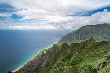 Amazing view of Kalalau Valley and beautiful Na Pali coast, Kauai island, Hawaii. Nature travel landscape.
