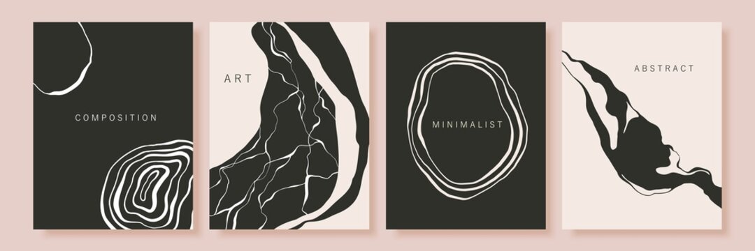 Set of modern stylish backgrounds with natural marble textures, stone crackles. Ink liquid minimal shapes, geodes. Cover, packging, branding style, card template.