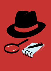Fedora hat, magnifying glass, notepad and pencil on red background. Investigation concept illustration. Book cover template.