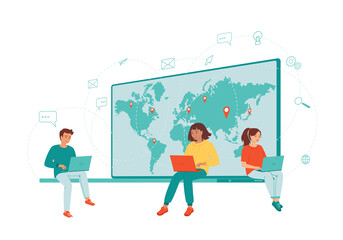 Young people work on laptop online. Remote work concept, freelance, distance learning, courses, teaching, team work. Employees while working in internet. Isolated abstract vector illustration