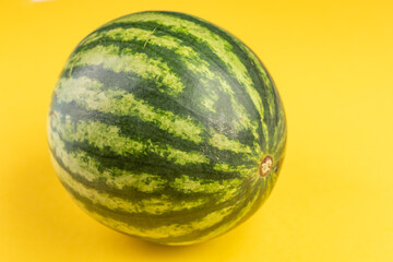 Green watermelon on yellow background side view