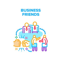 Fototapeta na wymiar Business Friends Vector Icon Concept. Business Friends Colleagues Working Together In Company And Greeting With Special Handshake. Businesspeople Friendship And Communication Color Illustration