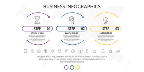 Infographics timeline with three steps, icons. Line data vector template. Used for diagram, business, web, banner, workflow layout, presentations, content, levels, chart, processes diagram