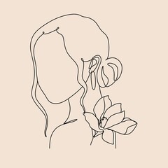 Abstract face with flowers by one line drawing. Portrait minimalistic style. Botanical print. Nature symbol of cosmetics. Modern continuous line art. Fashion print. Canvas Print