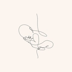 one line drawing illustration of a baby. Cute sleeping baby drawn from the hand a picture of the silhouette. Modern minimalism art. Little kid in the minimalist style. Vector illustration © Victoria