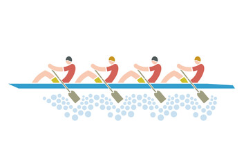 Team of four rowers, decorativ symbol.  Stylized black Illustration of four sport rowers in boat. Isolated on white background. Vector available. © jiris