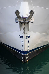 close up boat bow with water measurements
