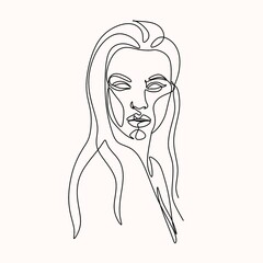 Abstract portrait of young pretty woman. Continuous one line drawing isolated on white. Vector illustration in simple modern style.