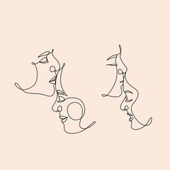 Continuous drawing of lovers kissing. Valentine's Day, wedding invitations, other project. Man and woman kissing Portrait drawing. Vector illustration.