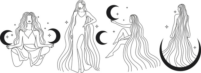 Contour of woman in yoga pose for meditation in mountains with moon and sun. Modern minimalist mystical astrology aesthetic illustration with Motivational quote for poster. Beautiful poster.