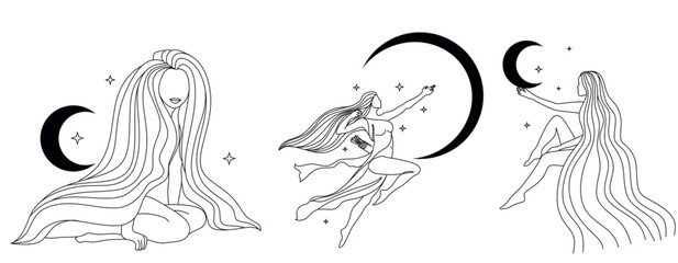 Contour of woman in yoga pose for meditation in mountains with moon and sun. Modern minimalist mystical astrology aesthetic illustration with Motivational quote for poster. Beautiful poster.