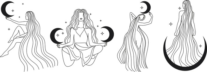 Contour of woman in yoga pose for meditation in mountains with moon and sun. Modern minimalist mystical astrology aesthetic illustration with Motivational quote for poster. Beautiful poster.