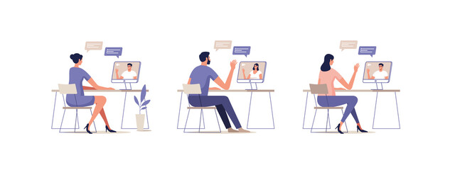 Young people communicate online using a mobile devices. Concept of video call conference, remote working from home or online meeting. Vector illustration.