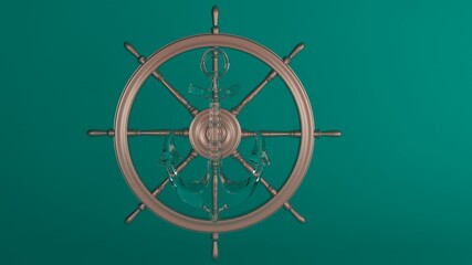 3d render anchor and ship wheel with green blue color background image.