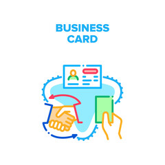 Business Card Vector Icon Concept. Business Card With Information Businessman Giving To Partner. Call Number And E-mail Info For Contact With Ceo Or Company Employee Color Illustration