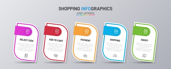 Concept of shopping process with 5 successive steps. Five colorful graphic elements. Timeline design for brochure, presentation, web site. Infographic design layout.