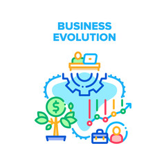 Business Evolution Process Vector Icon Concept. Company Finance And Wealth Growing, Business Evolution Process And Develop Skills, Growth Sales And Money. Businessman Working Color Illustration