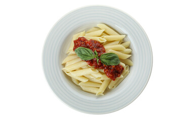 Plate with pasta with tomato sauce isolated on white background