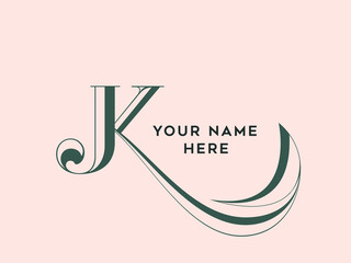 Letter K logo.Decorative creative typographic icon isolated on light fund.Lettering sign for beauty, elegant, luxury brand.Alphabet initial.Ornate swirl, vegetal elements.Character shape.