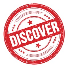 DISCOVER text on red round grungy stamp.