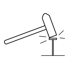The hammer and nail icon. Hand drawn element, vector illustration in black on a white background.