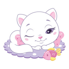 White cat sleeping on mat with toy fish. Cartoon vector illustration