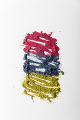 three colors of matcha powder on white background