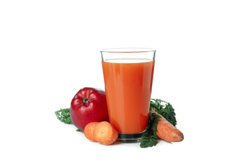 Glass of juice and ingredients isolated on white background