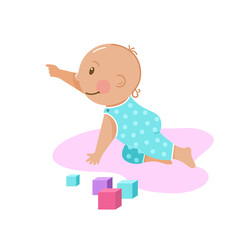 Cute little baby in sliders. He crawls on all fours and points at something with his finger. Vector in a flat cartoon style. Isolated on a white background