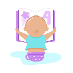 A cute little baby is sitting on a potty and reading a big book. Vector illustration in a flat cartoon style. Isolated on a white background.
