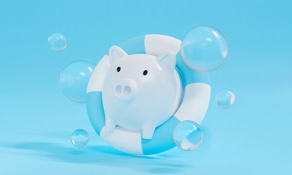 White piggy bank on pastel blue background abstract with pool ring in water. 3d render design.