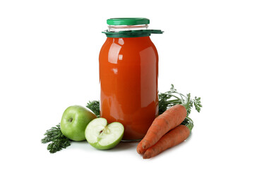 Jar of juice, carrot and apple isolated on white background