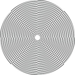  Black halftone dots in vortex form. Geometric art. Trendy design element.Circular and radial lines volute, helix.Segmented circle with rotation.Radiating arc lines.Cochlear