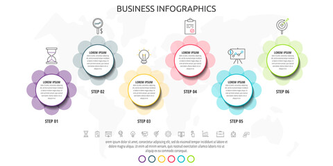 Infographics circles with six steps, icons. Timeline data vector template. Used for diagram, business, web, banner, presentations, flowchart, info graph, content, levels, chart, processes diagram