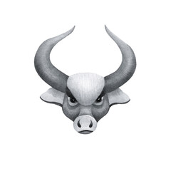 Watercolor silver ox. A bull with big horns. Watercolor bull's head on a white background isolated. Back and white.