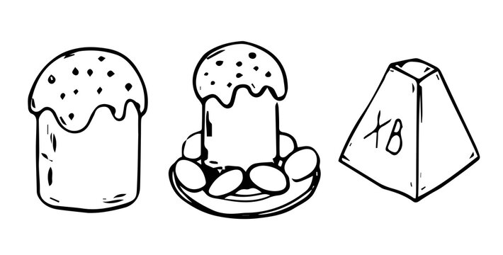 Primitive cute easter cake element set with outlines, flat vector illustration