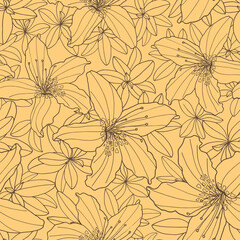 Outline floral seamless pattern. Vector illustration. Grey flower contour on yellow background. Hand drawn Rhododendron and Lily flower heads for textile, wrapping, card, print, fashion design.