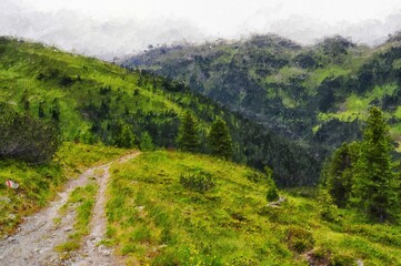 Fototapeta na wymiar Oil painting canvas of High Tauern hiking path within Zillertal Alps in Austria.