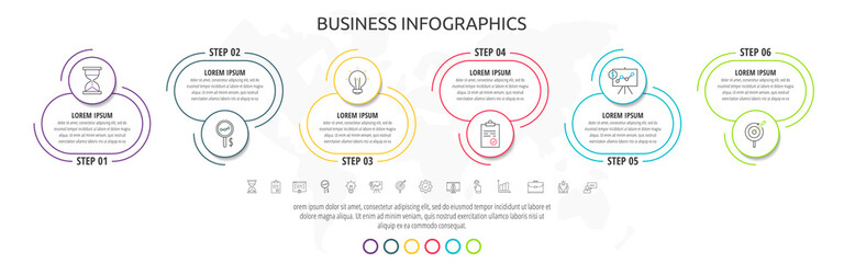 Line infographics circles with six steps, labels. Timeline data vector template. Used for diagram, business, web, banner, workflow layout, flowchart, content, chart, processes diagram