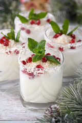 White Christmas mojito made from liqueur, tequila, coconut milk with pomegranate seeds, coconut flakes and refreshing mint.