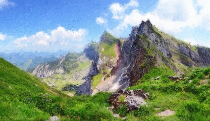 Naklejka premium Oil painting canvas of Rofan mountains in Karwendel alps in Tirol Austria.