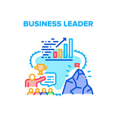Business Leader Vector Icon Concept. Business Leader With Team Employees Planning Strategy And Reaching Goal Achievement. Growing Sales And Company Finance Profit Color Illustration