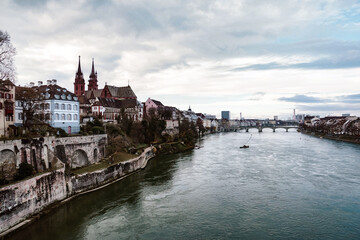 Fototapeta na wymiar A view of Basel on the Rhine, taken from Wettsteinbrücke.