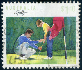 Golf Sport, adult and child golfer, flag, circa 1989